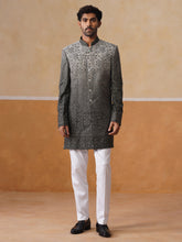 Grey Floral Embroidered Mandarin Collar Achkan