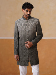 Grey Floral Embroidered Mandarin Collar Achkan