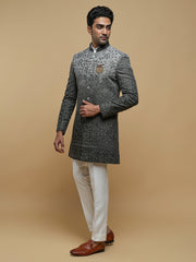 Grey Floral Embroidered Mandarin Collar Achkan