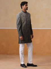 Grey Floral Embroidered Mandarin Collar Achkan