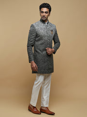 Grey Floral Embroidered Mandarin Collar Achkan
