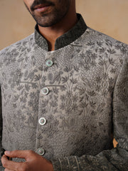 Grey Floral Embroidered Mandarin Collar Achkan