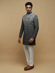 Grey Floral Embroidered Mandarin Collar Achkan