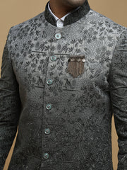 Grey Floral Embroidered Mandarin Collar Achkan