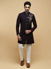 Maroon Embroidered Mandarin Collar Achkan