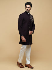 Maroon Embroidered Mandarin Collar Achkan