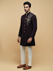 Maroon Embroidered Mandarin Collar Achkan