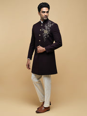 Maroon Embroidered Mandarin Collar Achkan