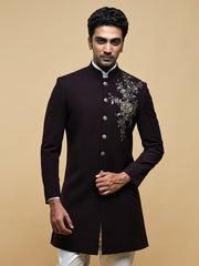 Maroon Embroidered Mandarin Collar Achkan