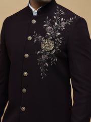 Maroon Embroidered Mandarin Collar Achkan