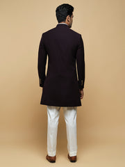 Maroon Embroidered Mandarin Collar Achkan