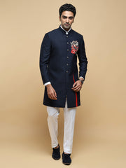 Blue Embroidered Mandarin Collar Achkan