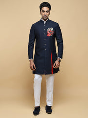 Blue Embroidered Mandarin Collar Achkan