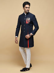Blue Embroidered Mandarin Collar Achkan