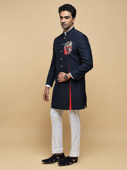Blue Embroidered Mandarin Collar Achkan