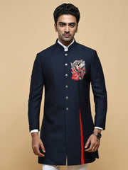 Blue Embroidered Mandarin Collar Achkan