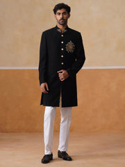 Black Embroidered Mandarin Collar Achkan