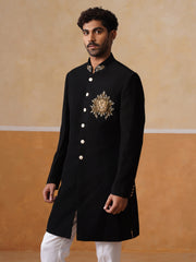 Black Embroidered Mandarin Collar Achkan