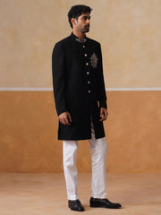 Black Embroidered Mandarin Collar Achkan