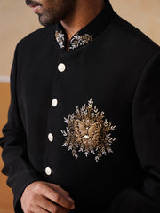 Black Embroidered Mandarin Collar Achkan