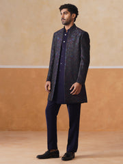 Blue Embroidered Mandarin Collar Achkan