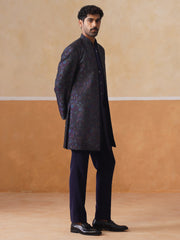 Blue Embroidered Mandarin Collar Achkan