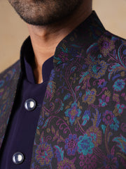 Blue Embroidered Mandarin Collar Achkan