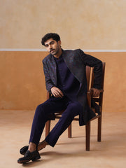 Blue Embroidered Mandarin Collar Achkan