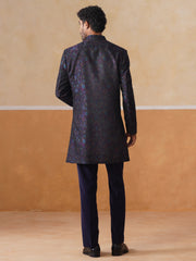 Blue Embroidered Mandarin Collar Achkan