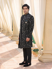 Midnight Noir Embroidered Sherwani Set with Paisley Detailing & Velvet Stole