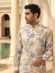 Beige/ Blue Floral Kurta with Nehru Jacket Set