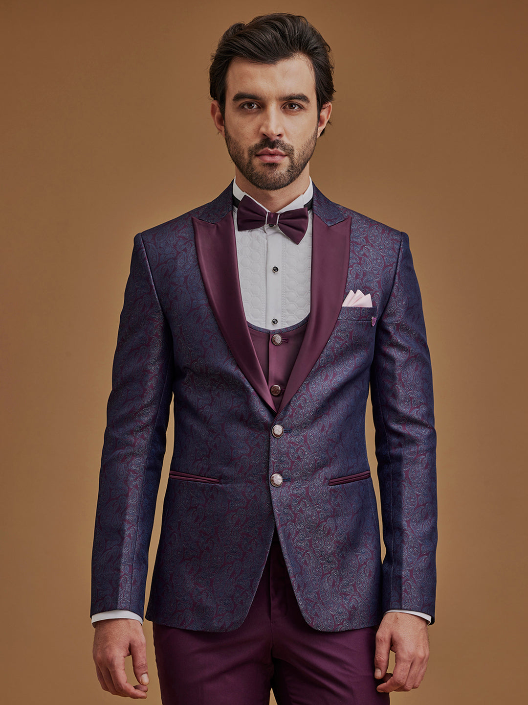 Single Breasted Paisley Wine Five Piece Suit