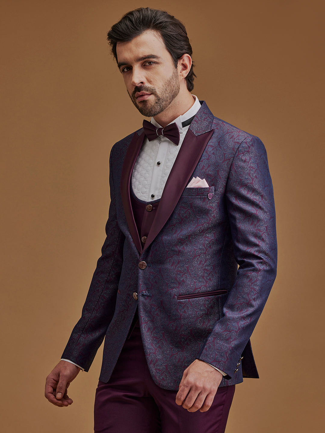 Single Breasted Paisley Wine Five Piece Suit