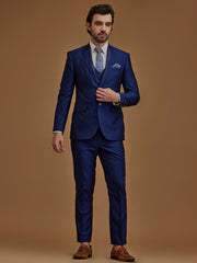 Single Breasted Textured Blue Five Piece Suit