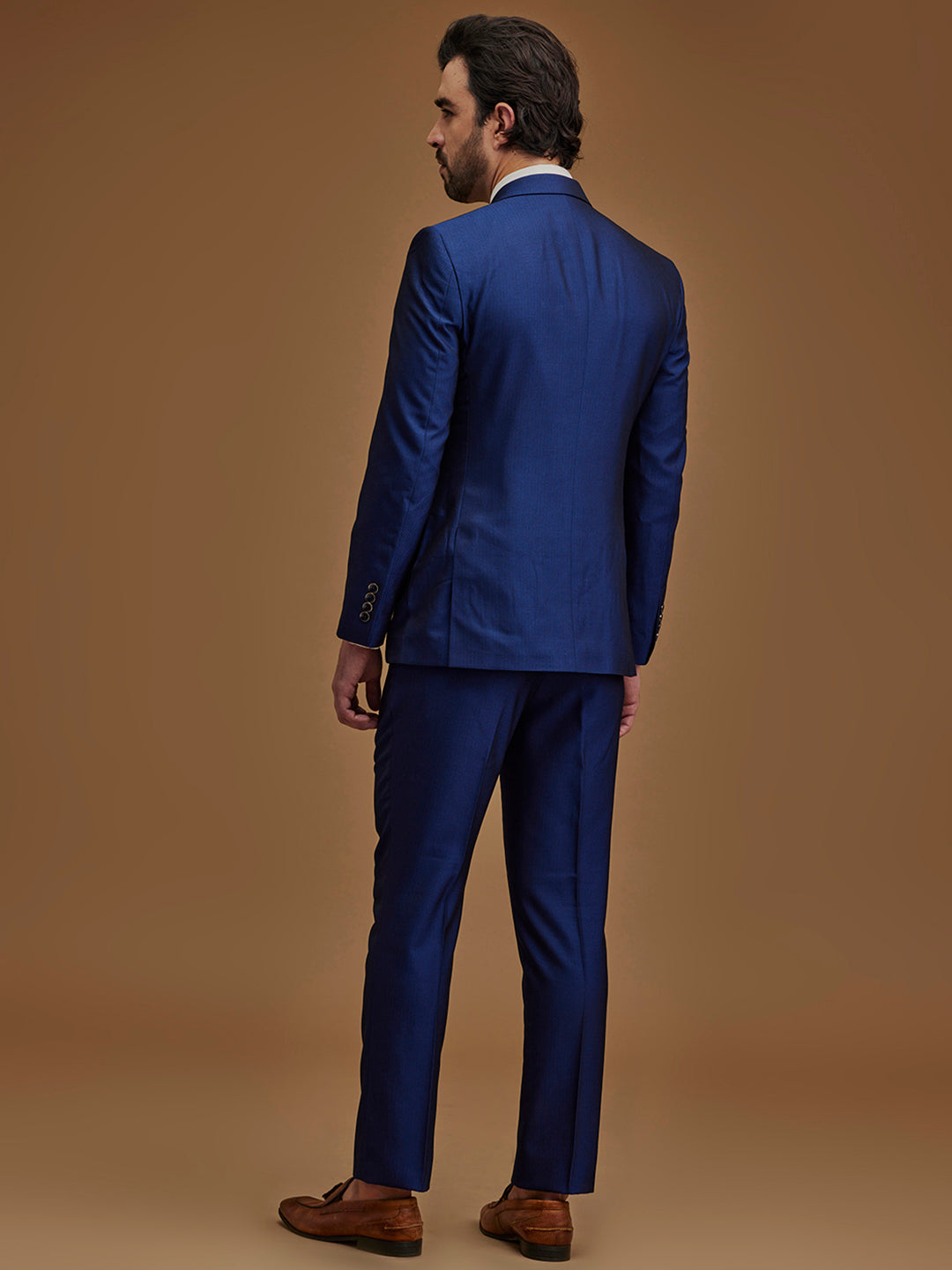 Single Breasted Textured Blue Five Piece Suit