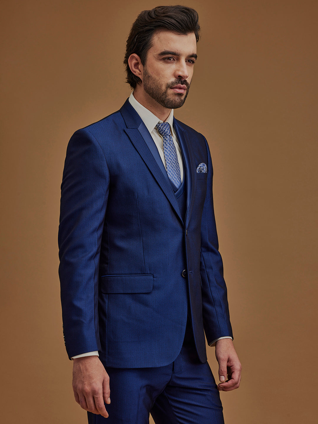 Single Breasted Textured Blue Five Piece Suit