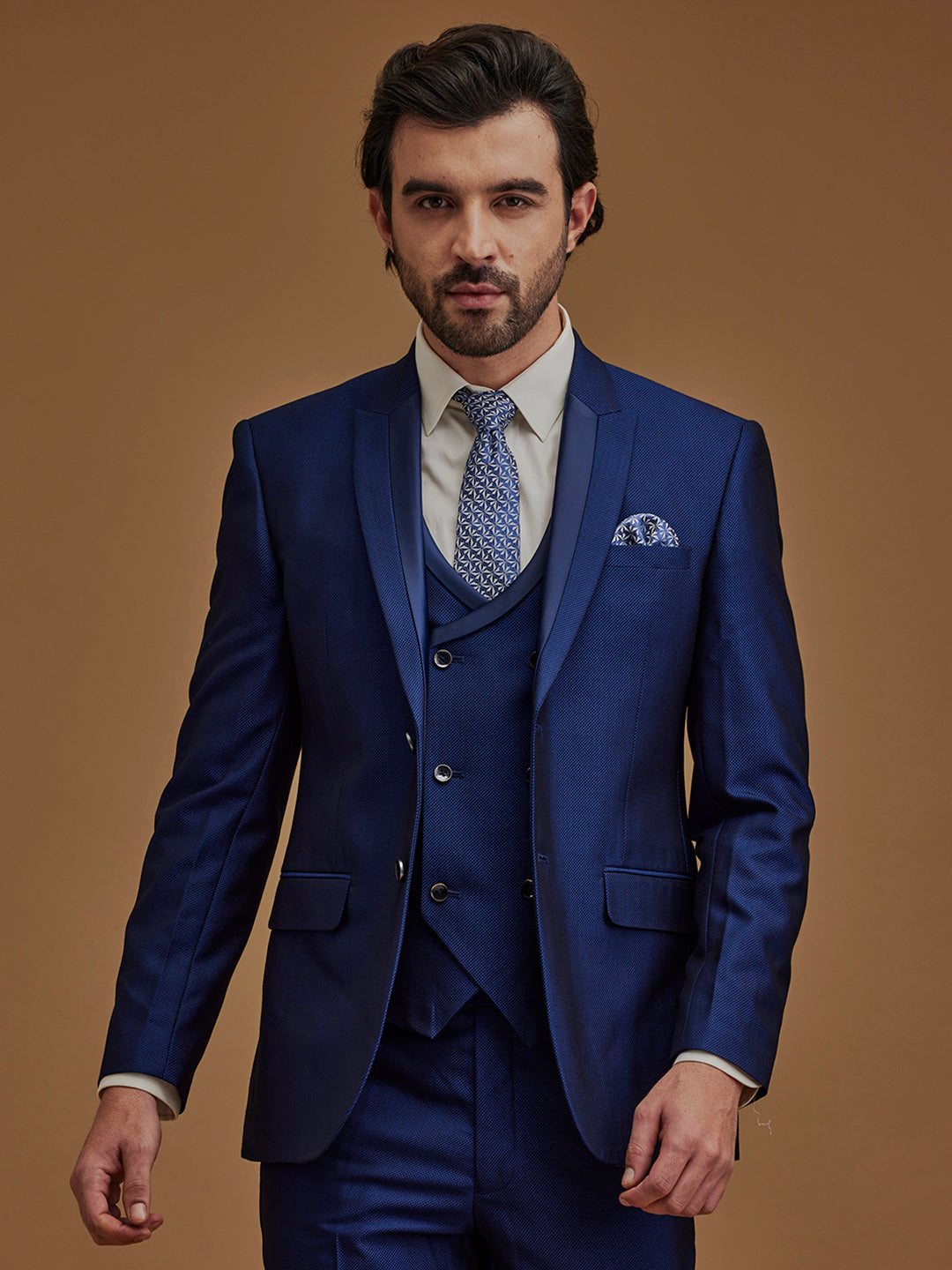 Single Breasted Textured Blue Five Piece Suit