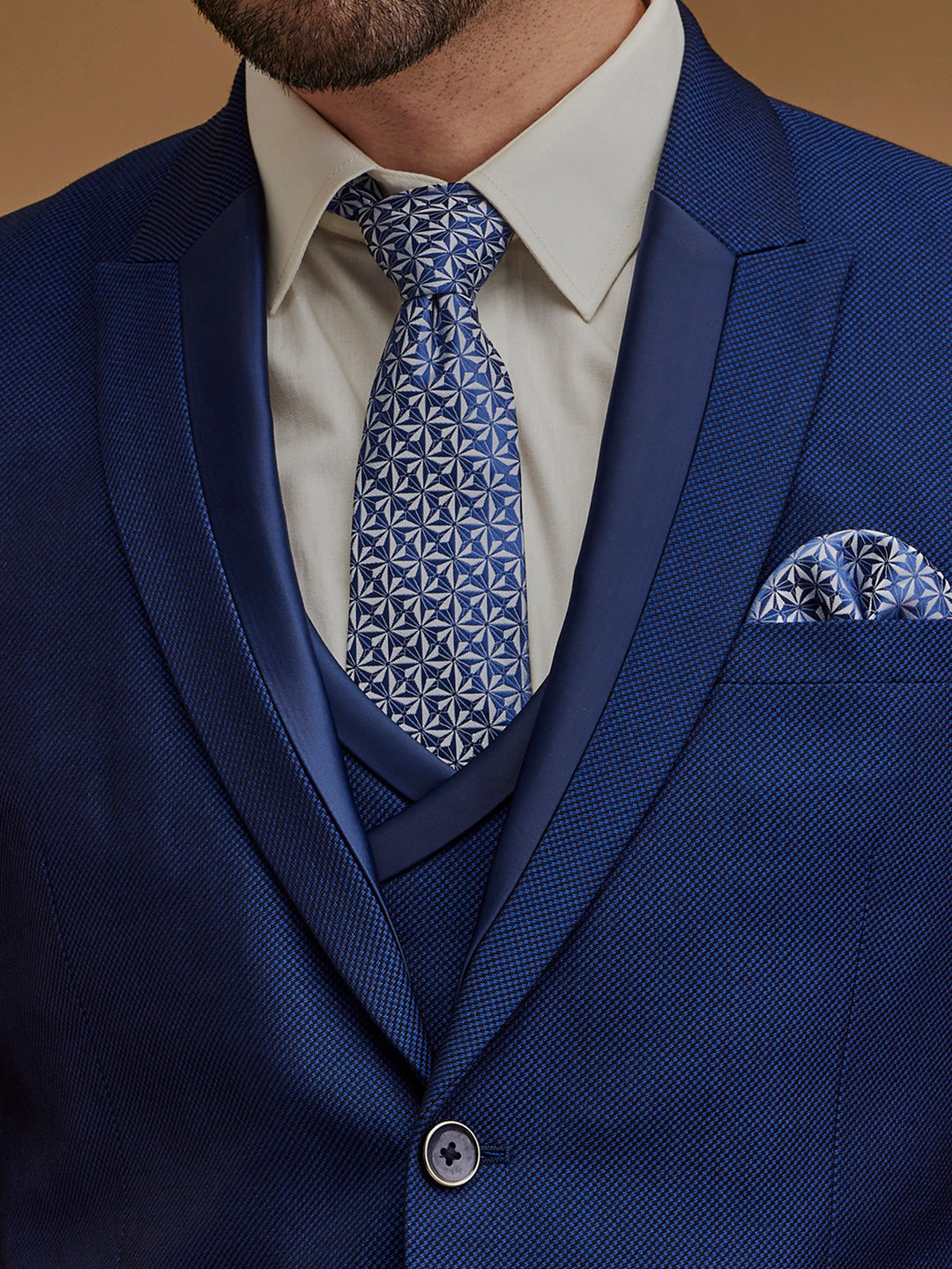 Single Breasted Textured Blue Five Piece Suit