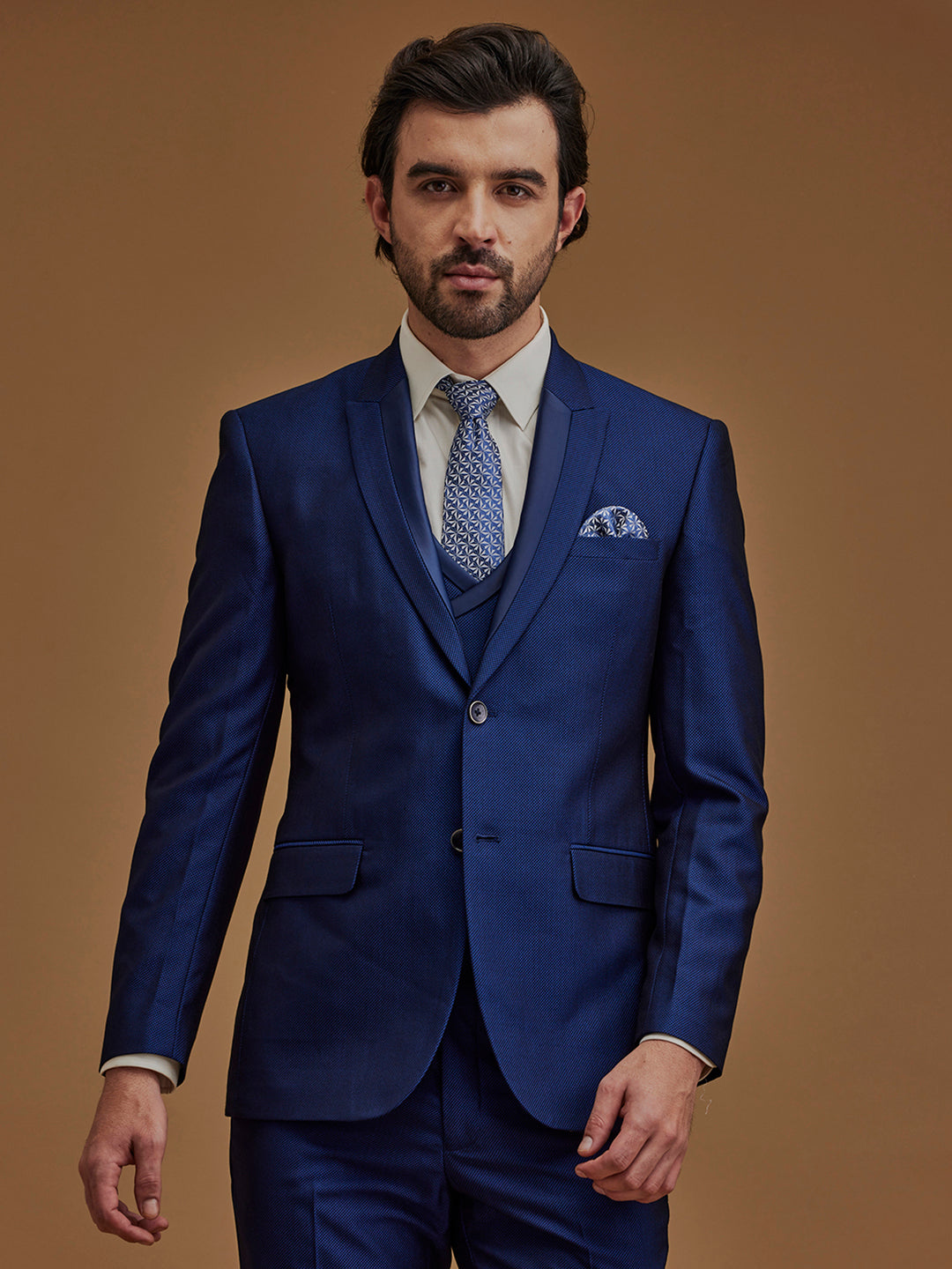 Single Breasted Textured Blue Five Piece Suit