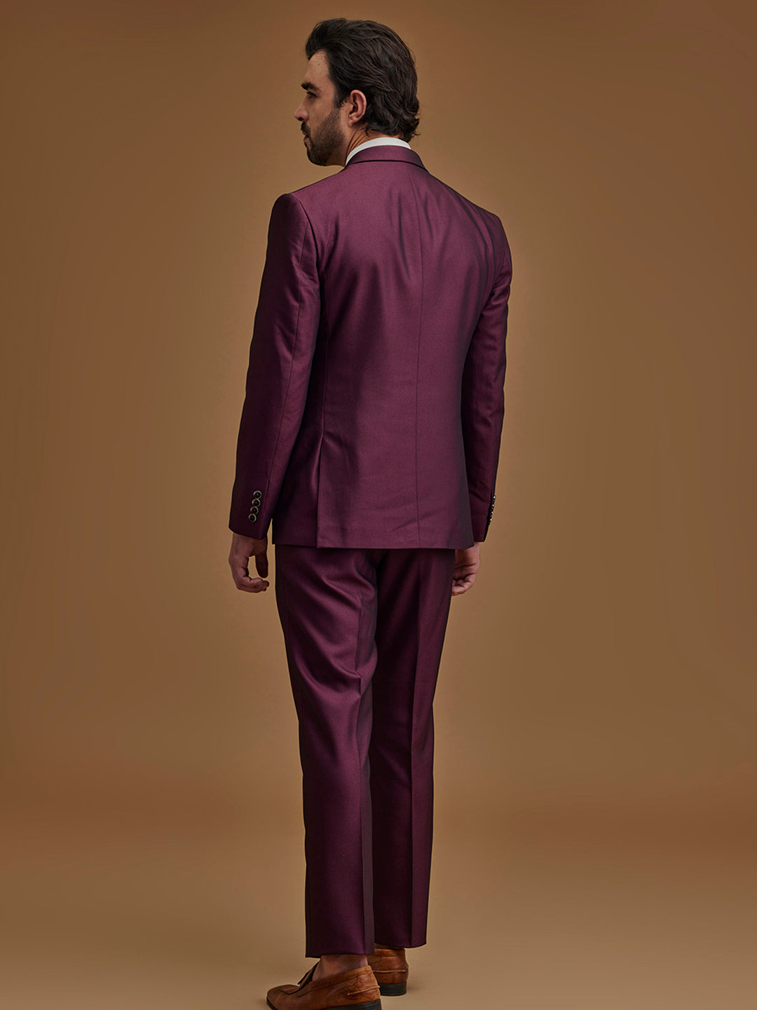 Single Breasted Textured Wine Five Piece Suit