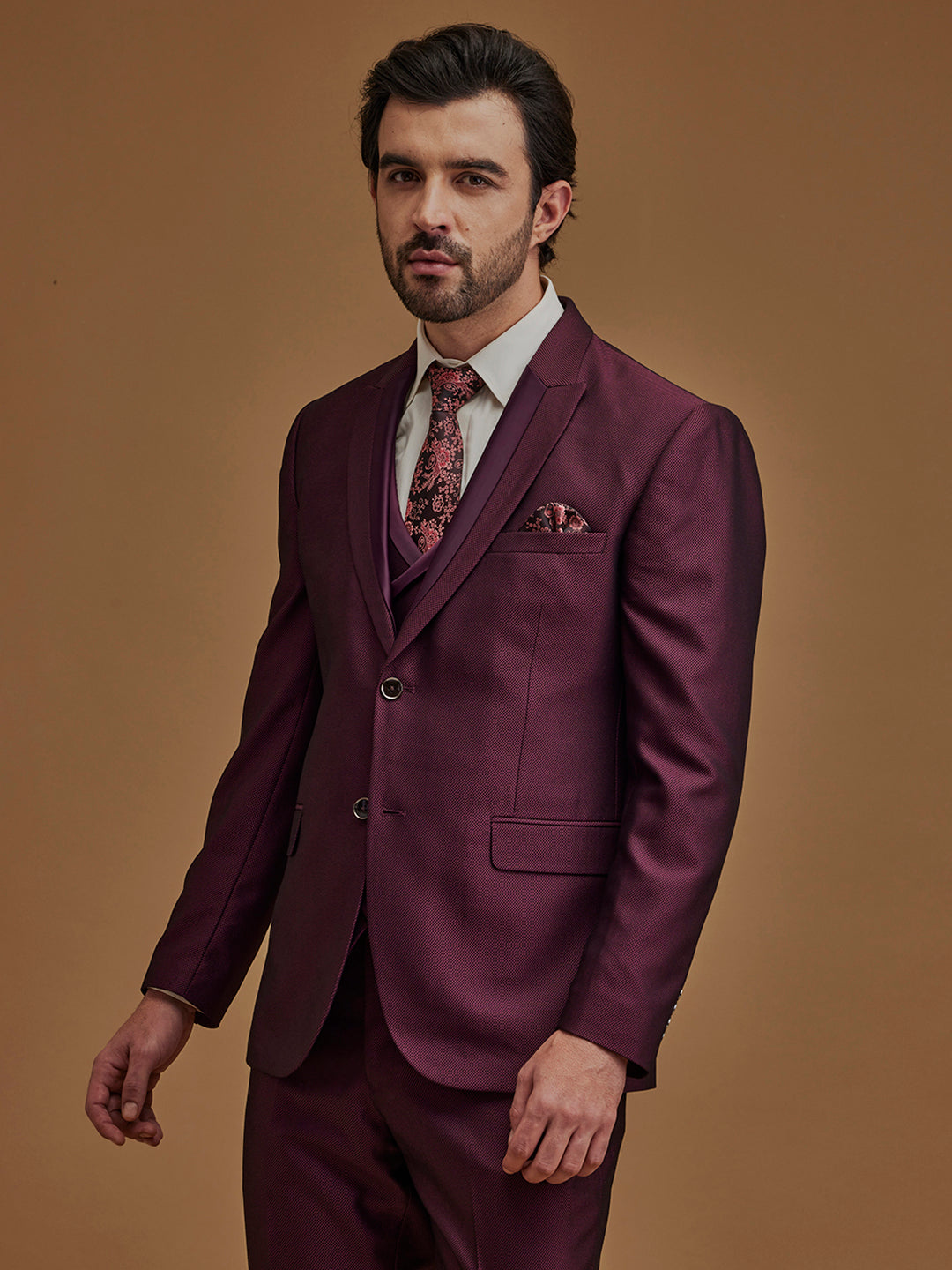 Single Breasted Textured Wine Five Piece Suit