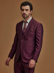 Single Breasted Textured Wine Five Piece Suit