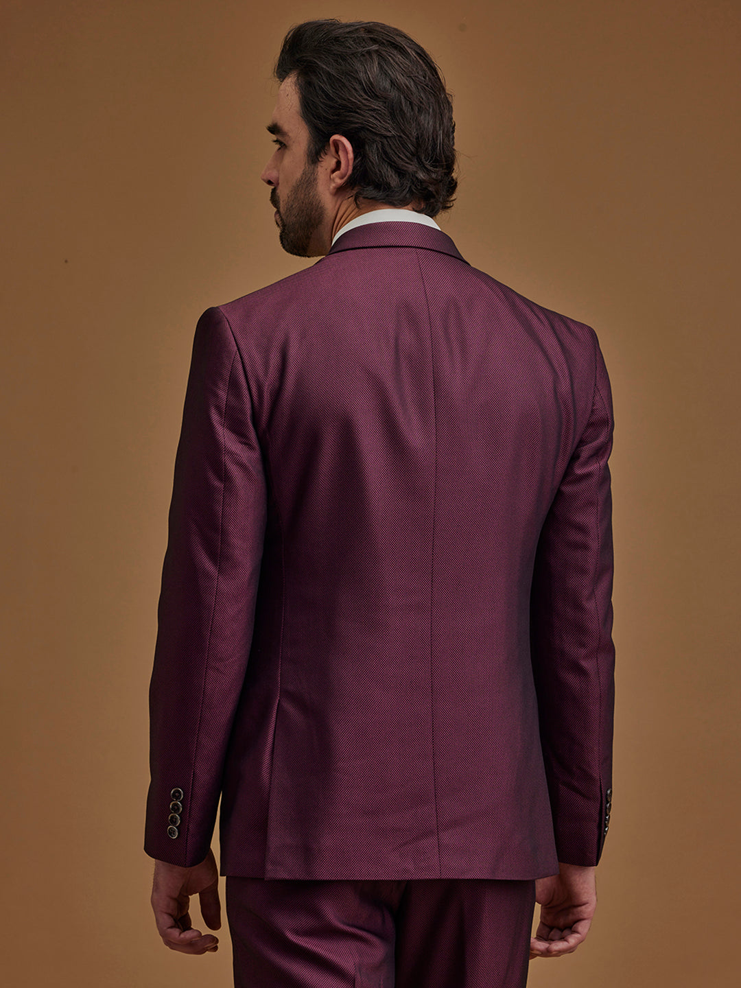 Single Breasted Textured Wine Five Piece Suit