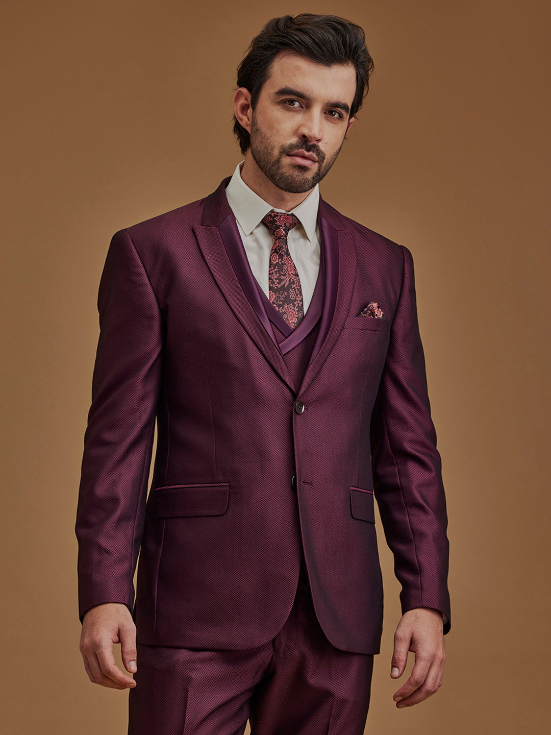 Single Breasted Textured Wine Five Piece Suit