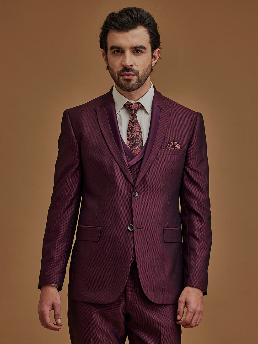 Single Breasted Textured Wine Five Piece Suit