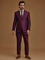 Single Breasted Textured Wine Five Piece Suit
