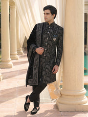 Midnight Noir Embroidered Sherwani Set with Paisley Detailing & Velvet Stole