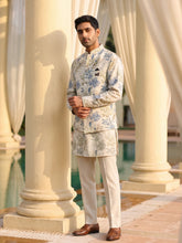 Beige/ Blue Floral Kurta with Nehru Jacket Set