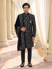 Midnight Noir Embroidered Sherwani Set with Paisley Detailing & Velvet Stole