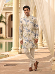 Beige/ Blue Floral Kurta with Nehru Jacket Set
